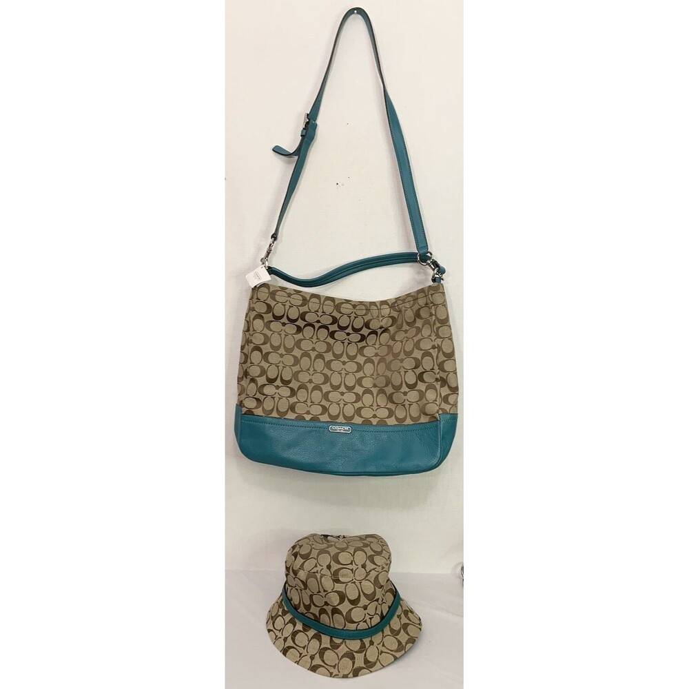 NWT Coach Beige Green Hobo Handbag Tote Purse & Matching Hat Logo D1376 F23279